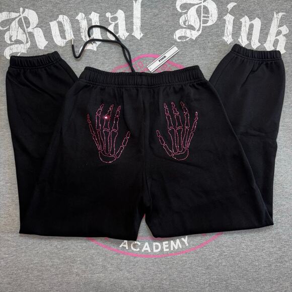 VS PINK Rhinestone Bling Halloween Skeleton Matching Campus Tee & Sweatpants Set - Picture 3 of 10